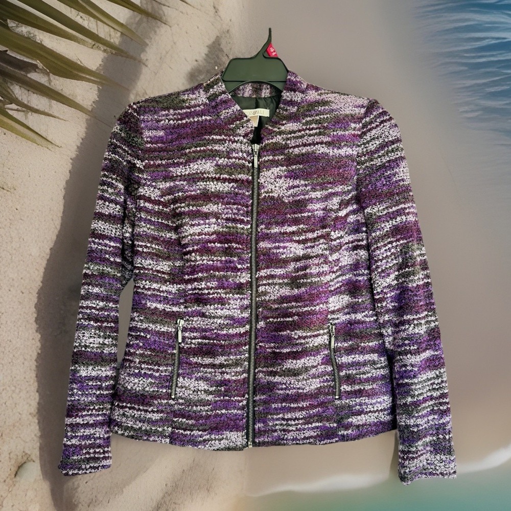 Roz &‎ Ali Women's Purple Gray burcle Striped Textured Zip Front Jacket Size S